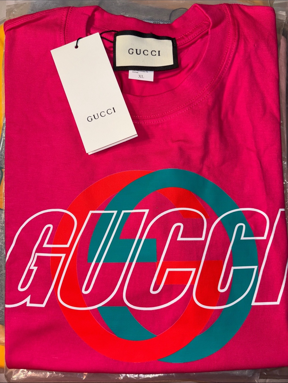 Fashion, cotton T-shirt Bright Pink Logo Tee with Teal & Red Graphic